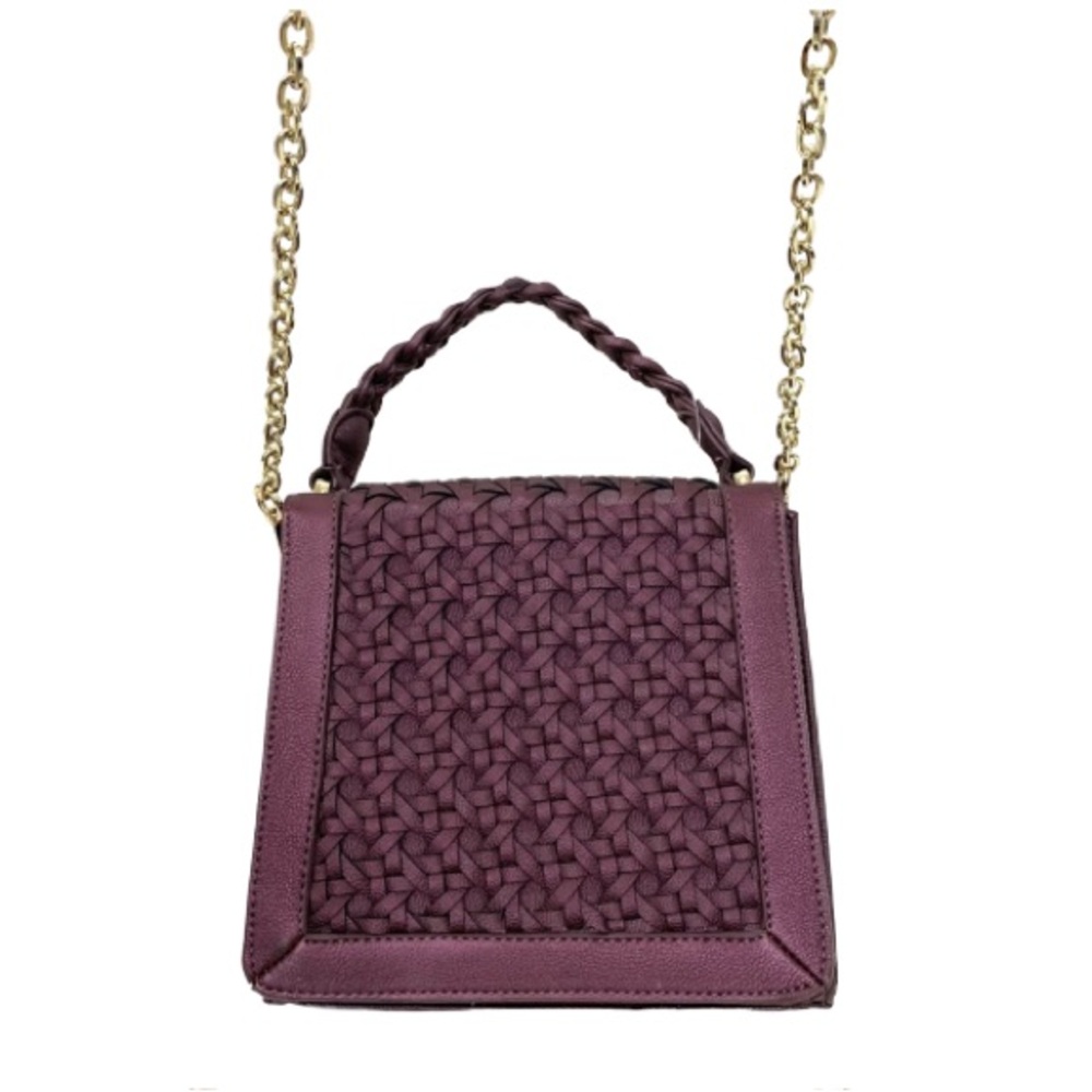 Structured Braided Plum & Gold Chain Woven Crossbody Purse With Flap Top Handle